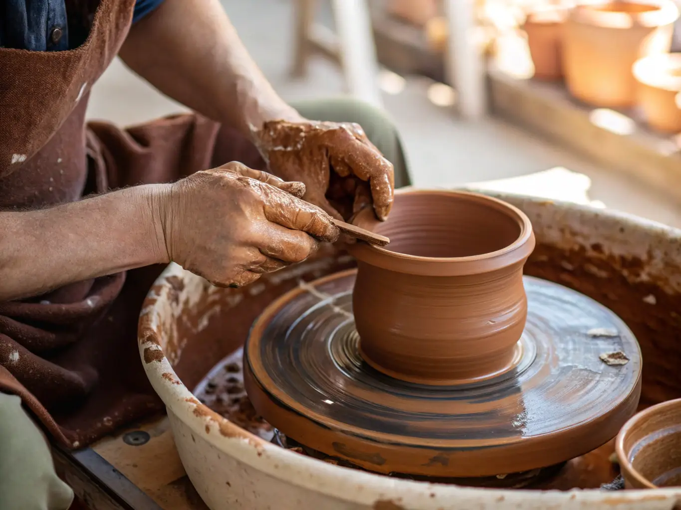 A group of participants actively engaged in a pottery workshop, their hands covered in clay, illustrating the hands-on learning experience offered by ASC LYCEE PIERRE MENDES FRANCE.