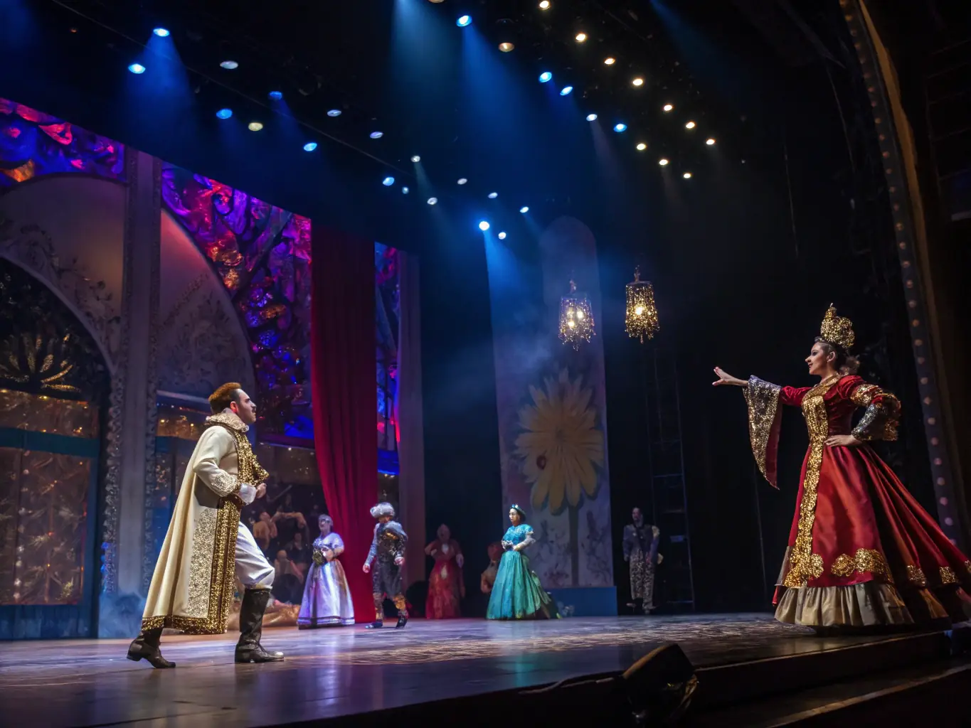 A vibrant stage scene with performers in colorful costumes during a theatrical performance, showcasing the energy and artistry of ASC LYCEE PIERRE MENDES FRANCE's artistic performances.