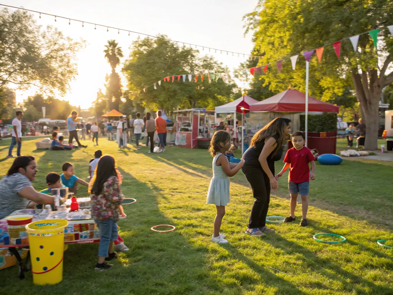 A lively outdoor scene with people of all ages participating in a community festival, highlighting the cultural exchange and community cohesion promoted by ASC LYCEE PIERRE MENDES FRANCE.