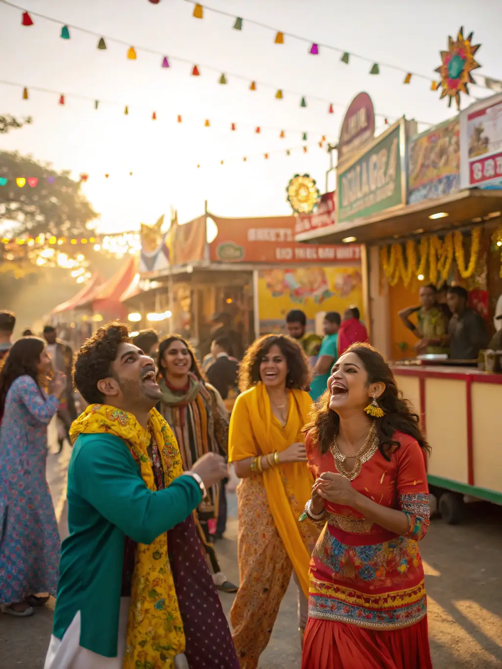A colorful cultural festival with diverse attendees enjoying performances and food stalls, representing the association's community events.