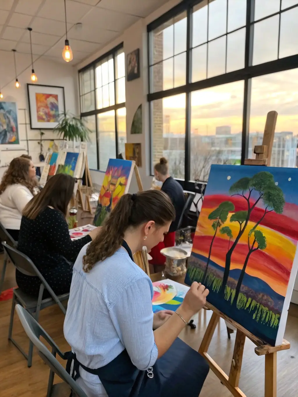 A vibrant workshop scene with participants engaged in painting and crafting activities, highlighting the association's workshops and creative classes.