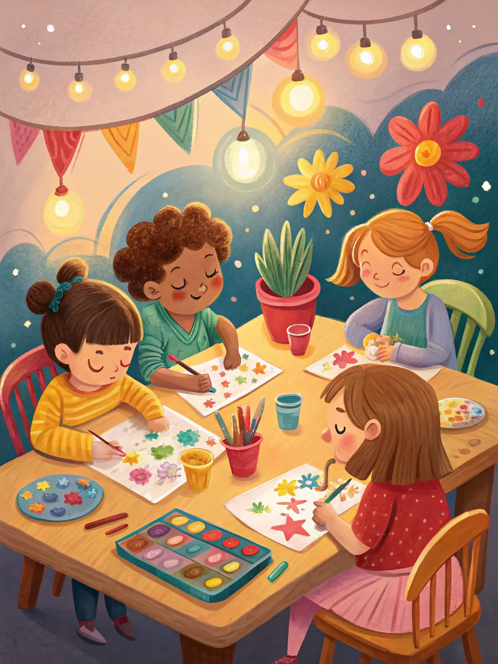 A group of children participating in a creative art session, painting and drawing with enthusiasm, showcasing the association's commitment to youth programs.
